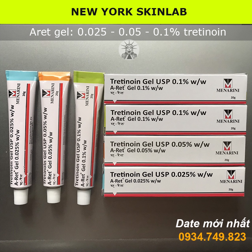 Tretinoin Aret gel (20g) 0.1%, 0.05% và 0.025% tretinol, tre giúp giảm mụn, chống lão hóa