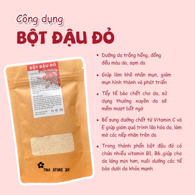 Bột đậu đỏ nguyên chất sạch mịn 100% Organic 100gr - Trắng da, dưỡng ẩm, mờ thâm sạm, tẩy tế bào chết