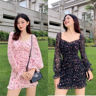 Ảnh thật - đầm hoa nhí đen / hồng cổ vuông tay bồng nhún chân bèo