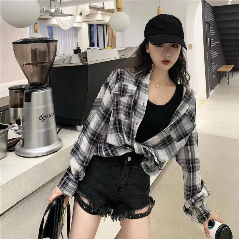 (Hàng Có Sẵn) Áo Sơ Mi Dài Tay Chống Nắng Dáng Rộng Kẻ Sọc Caro Trắng Đen Thời Trang Xuân Thu Hàn Quốc