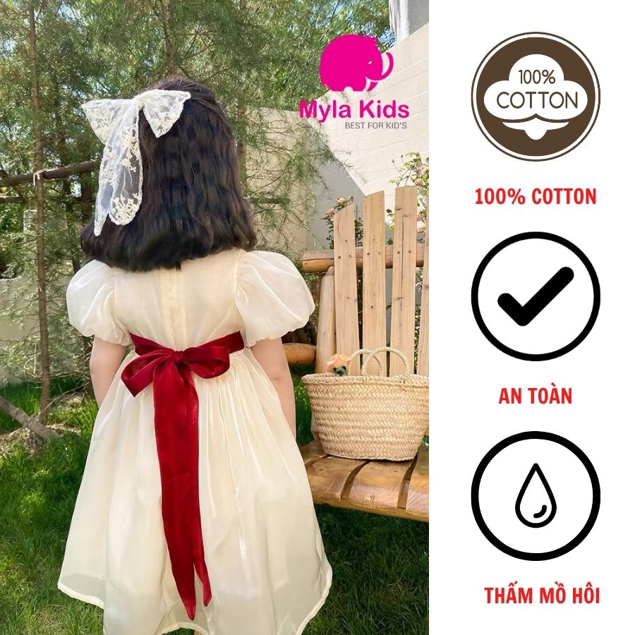 Đầm công chúa cho bé gái màu trắng thắt nơ đỏ, váy phù dâu cho bé gái chất tơ organza, kèm ảnh thật - Mylakids