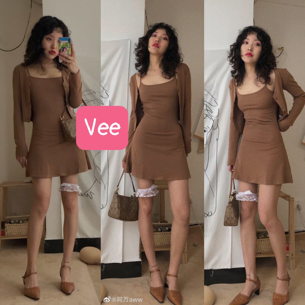 Set áo cardigan dài tay phối váy body 2 dây dáng suông ulzzang/ Set váy áo 2 món dáng ngắn trẻ trung cá tính_veestore