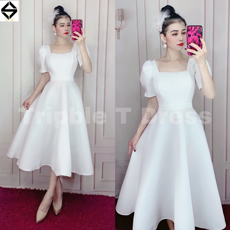 Đầm xòe dự tiệc cổ vuông tay ngắn phồng TRIPBLE T DRESS - size S/M/L/XL - MS211V
