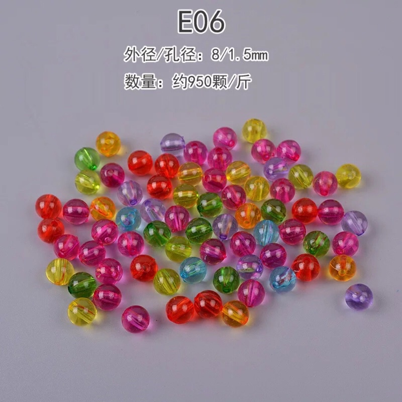 Hạt nhựa tròn acrylic trong suốt 8mm 10g 50g nhiều màu xỏ lỗ 2 đầu làm vòng trang sức