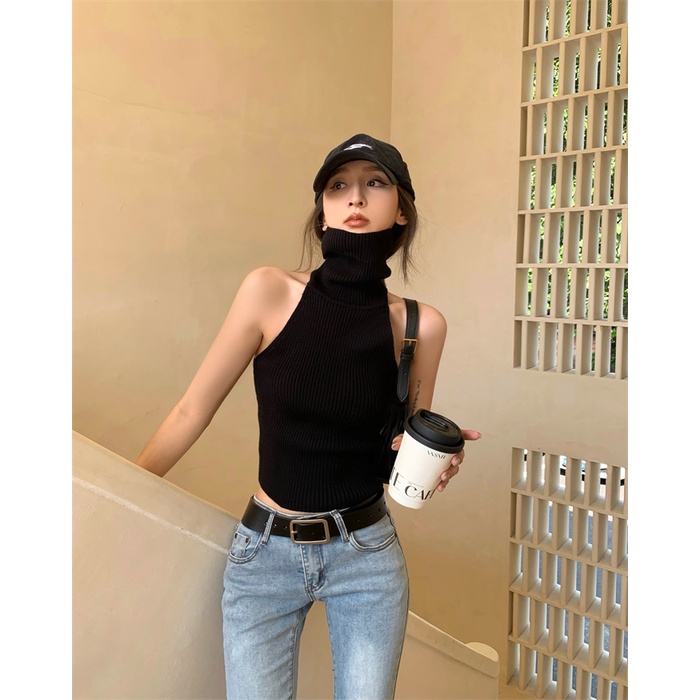 DUNEA Áo tank top dệt kim cổ lọ kiểu vintage Hàn Quốc xinh xắn cho nữ