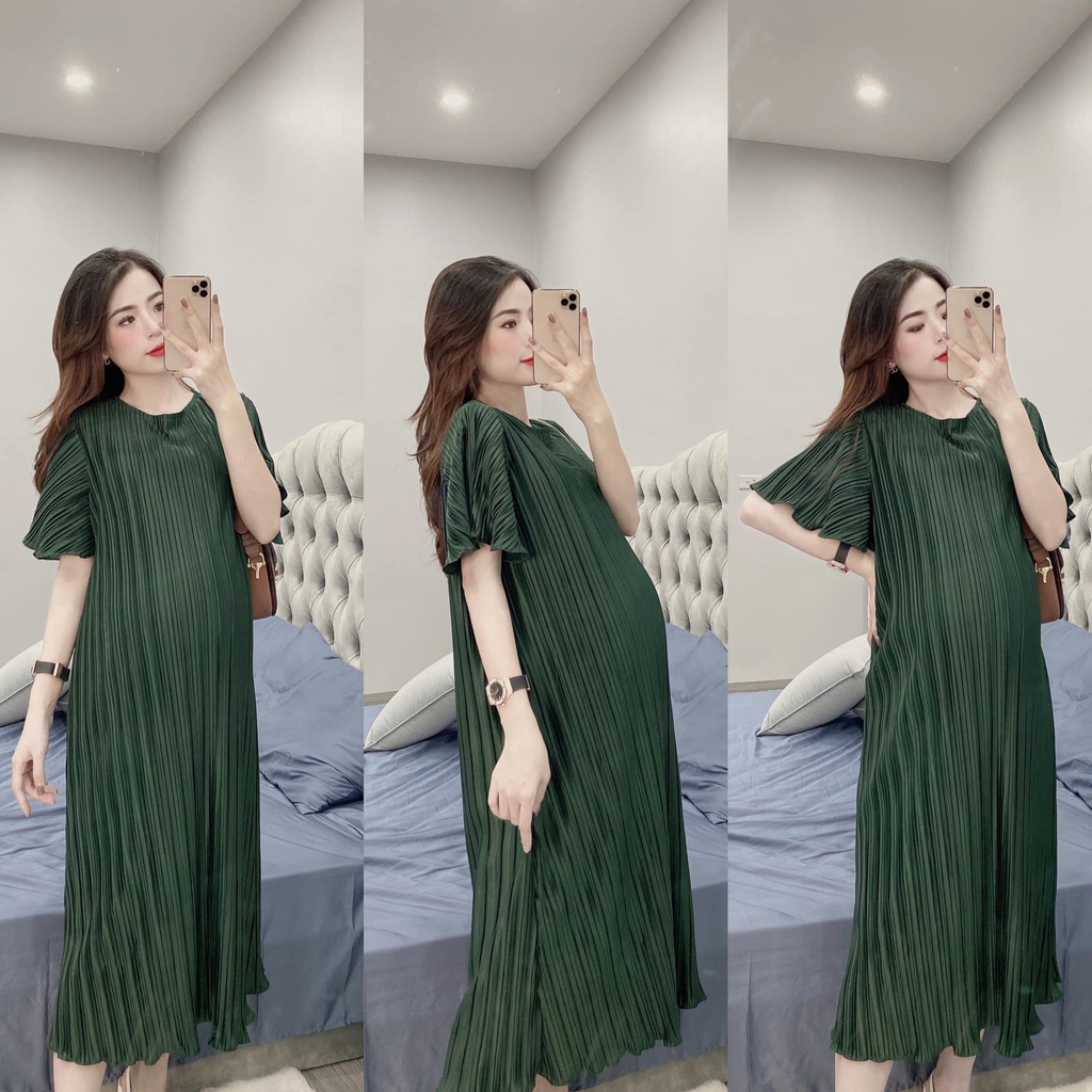 Váy xếp ly dáng suông tay ngắn, chất liệu voan tơ mềm mát bầu bì bon chen siêu xinh cực hot
