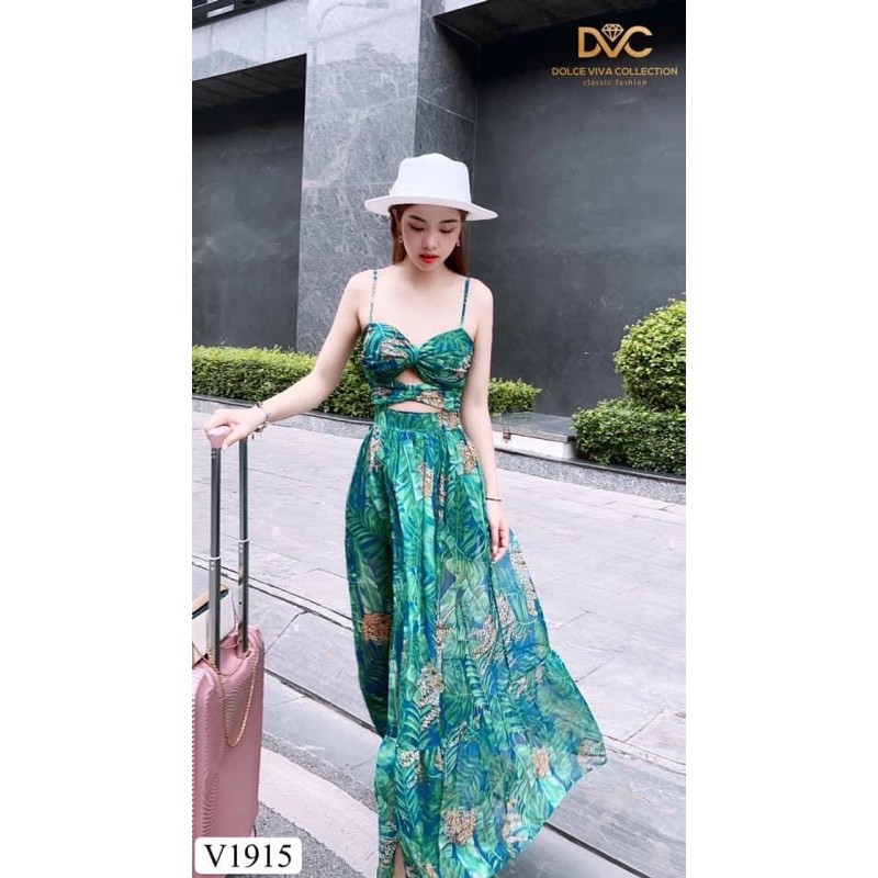 V1915 - váy chính hãng DVC - váy maxi xanh hoa