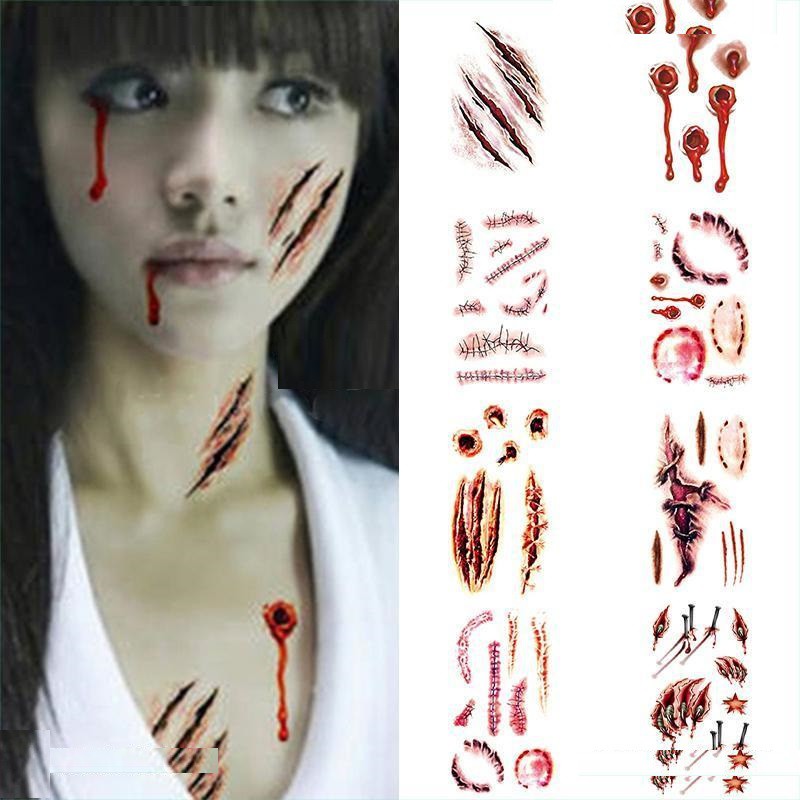 💥Sticker Dán Hình Xăm Giả Vết Thương Chống Nước Cho Halloween Troll Bạn Bè Máo Đao Búa Kéo Liềm Đỏ Dao Lam Vết 000339