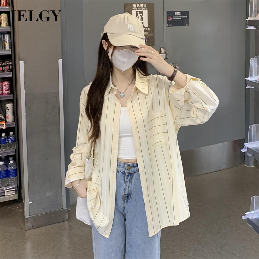 Áo sơ mi IELGY tay dài có túi họa tiết kẻ sọc dành cho nữ