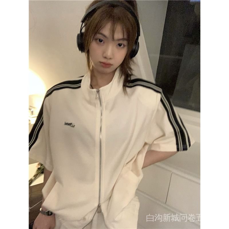 Áo Khoác Cardigan Ngắn Tay Cổ Đứng Dáng Ôm Họa Tiết Kẻ Sọc Màu Đen Phối Khóa Kéo Thời Trang Mùa Hè Cho Nữ