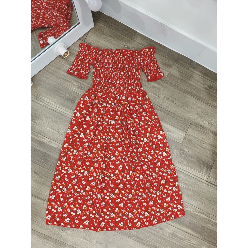 đầm trễ vai hoa nhí may nhún xoè bồng kx