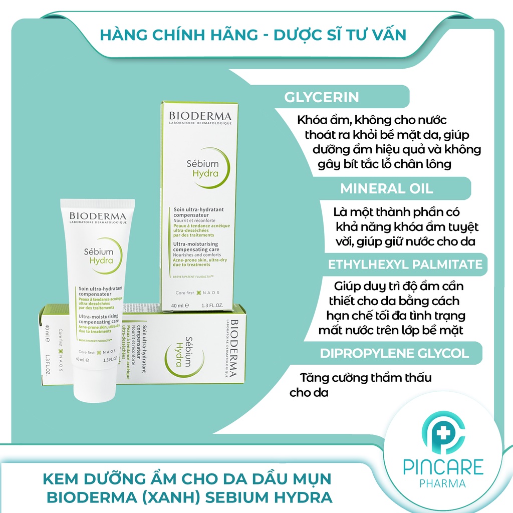 Kem dưỡng ẩm cho da dầu mụn Bioderma xanh Sebium Hydra 40ml - Hàng chính hãng - Nhà thuốc PinCare