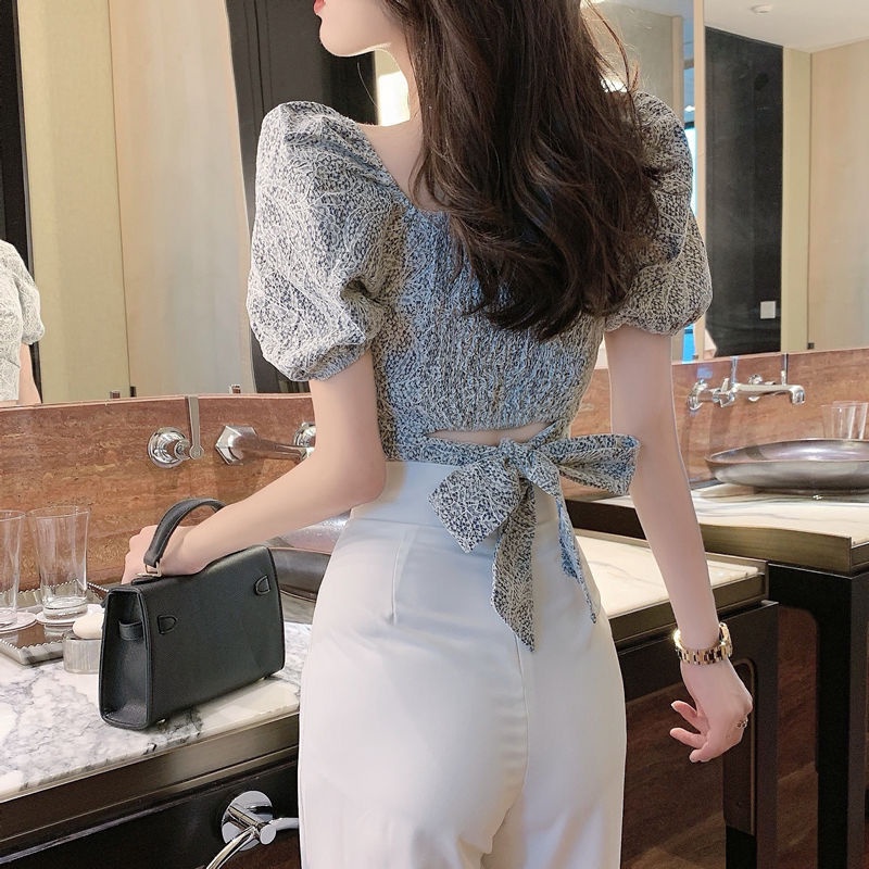 Áo sơ mi ren tay phồng hoa mùa hè khoét lưng thắt nơ cho nữ