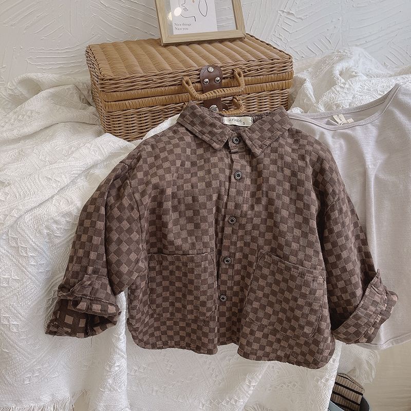 Áo Sơ Mi Caro Chất Liệu Cotton Mềm Mại Phong Cách Retro Hàn Quốc Cho Bé Trai