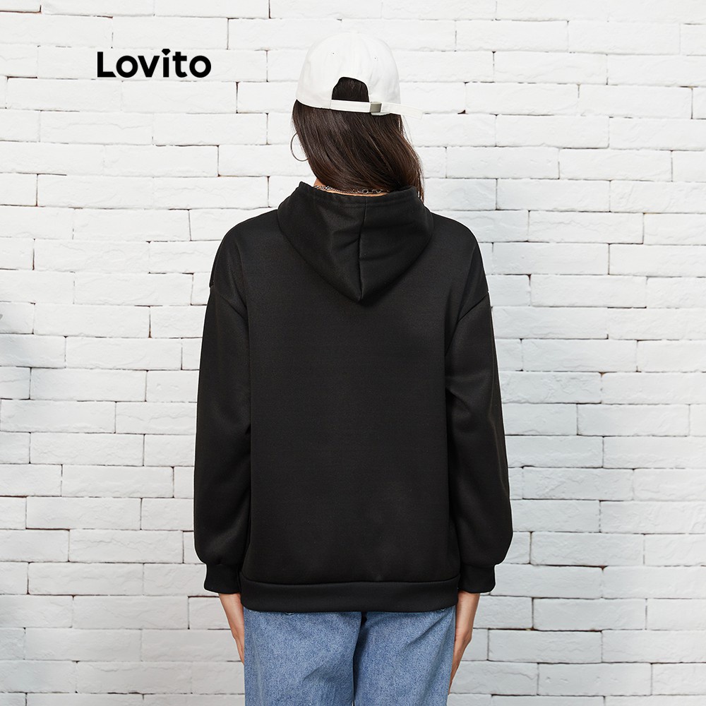 Áo sweatshirt Lovito phối dây rút in chữ đơn giản L07185 (màu đen) | BigBuy360 - bigbuy360.vn