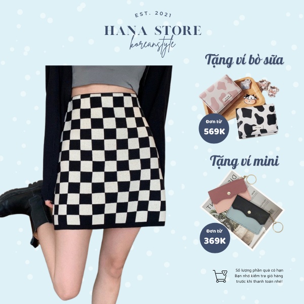 Chân váy len kẻ caro hoạ tiết ô vuông đen trắng - Hana Store