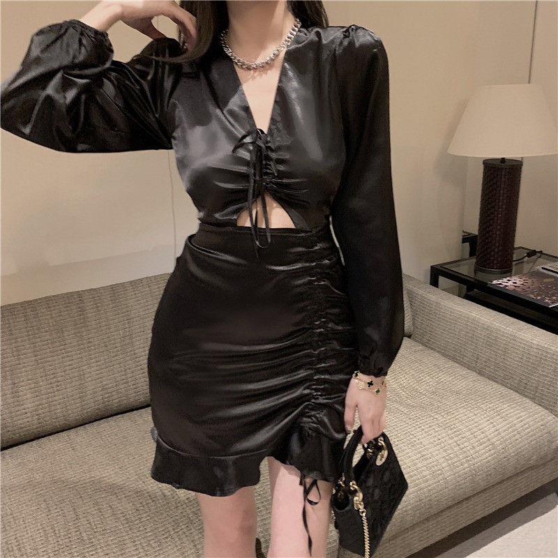 (R1114) đầm ulzzang dài tay dây rút đuôi bèo dự tiệc lụa satin 1 size  (kèm ảnh khách)