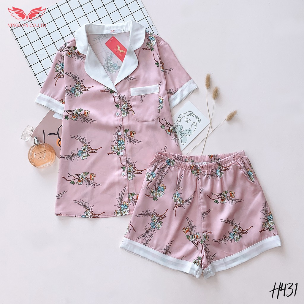 Bộ đồ nữ mặc nhà Pijama VINGO lụa Pháp mềm mát tay cộc quần cộc họa tiết cành hoa trẻ trung mùa hè H431 VNGO - TCQC