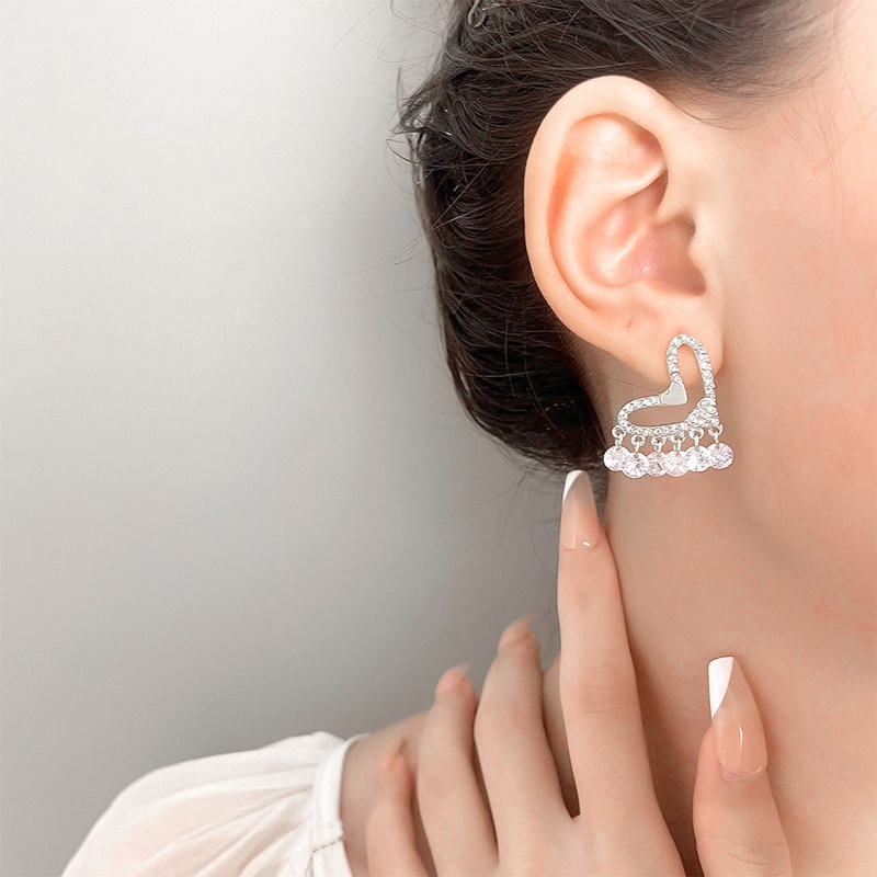 Bông Tai Dạng Tua Rua Hình Trái Tim Đính Đá Zircon Thời Trang Sang Trọng YOUYO