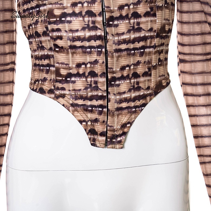 Áo Croptop Trễ Vai Tay Dài Cài Nút Trước In Họa Tiết Thời Trang Cho Nữ