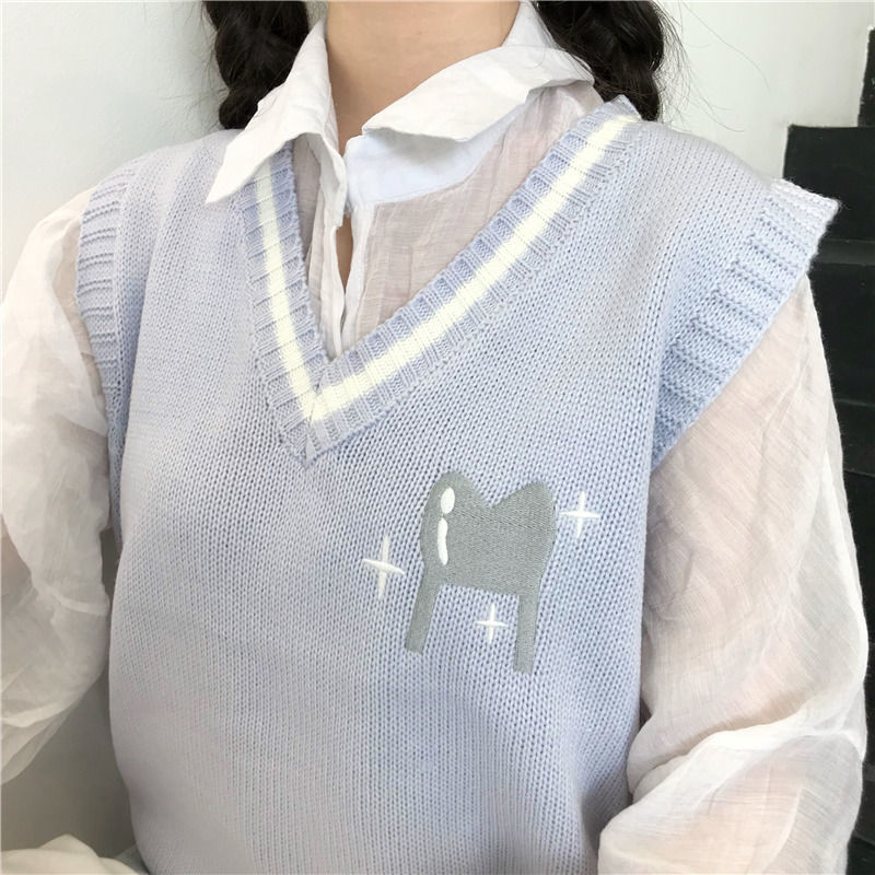 Áo Sweater Dệt Kim Không Tay Cổ Chữ V Thêu Hoạ Tiết Hoạt Hình Cho Sinh Viên | BigBuy360 - bigbuy360.vn