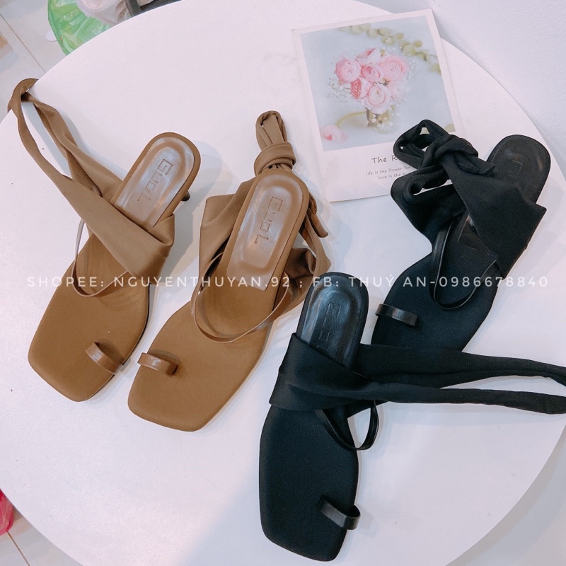 Dép cao gót buộc dây chiến binh ⚡️ANDUSTORE⚡️gót 7cm  sẵn nâu 38