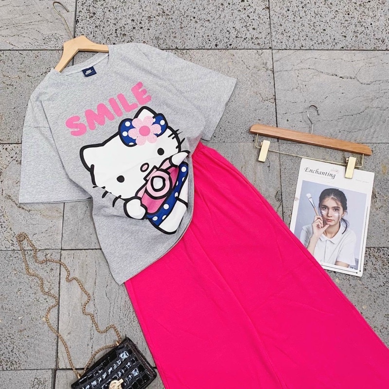Set áo xám hello kitty quần suông gân Hồng