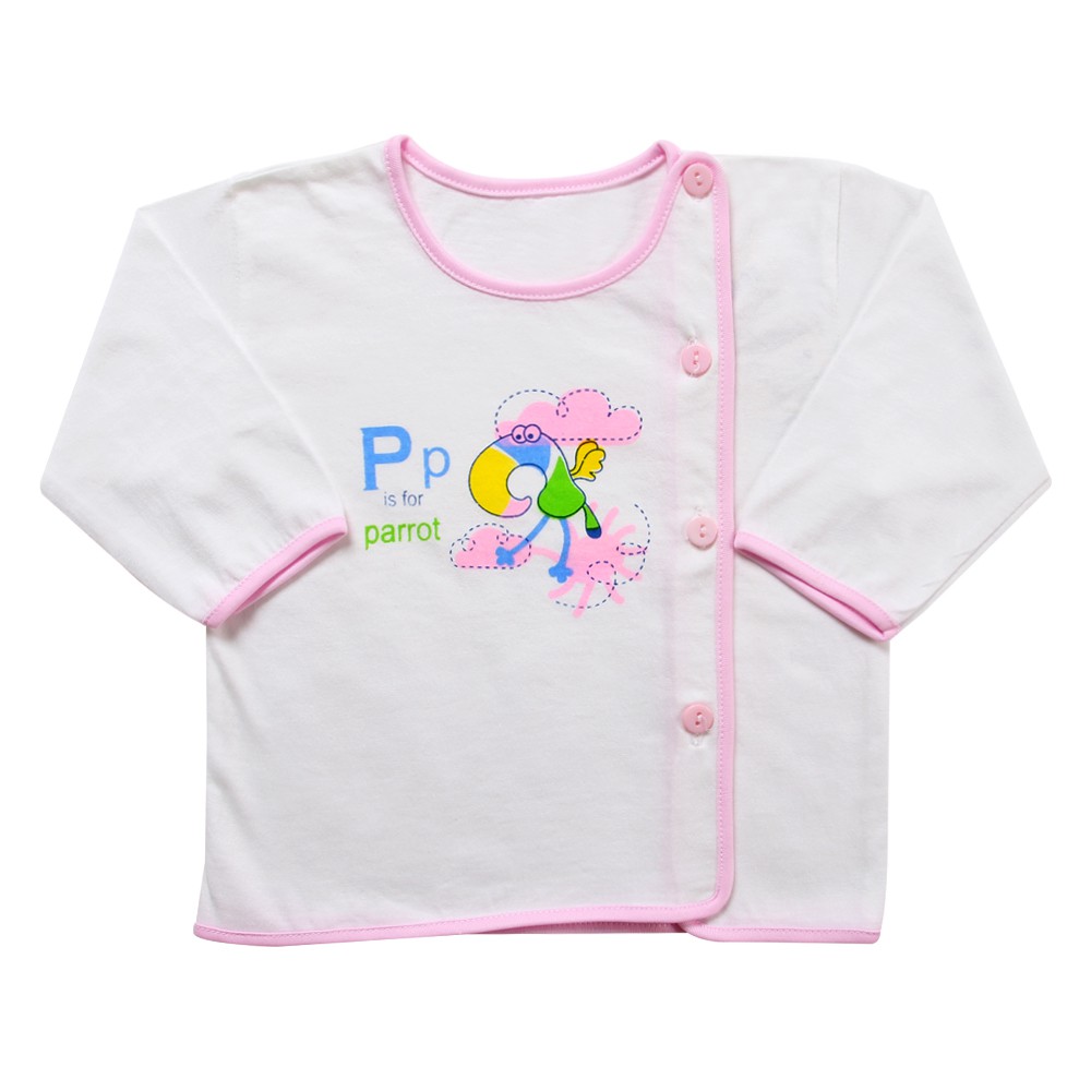Áo sơ sinh cotton trắng viền màu, dài tay, cúc lệch