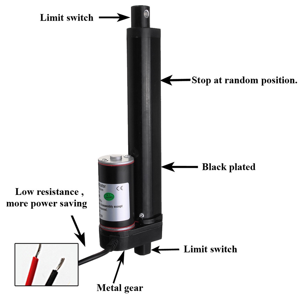 900n / 225lbs bộ truyền động tuyến tính màu đen động cơ tuyến tính điện di chuyển khoảng cách hành trình 50mm 100mm 150mm 200mm 300mm 400mm 12v dc