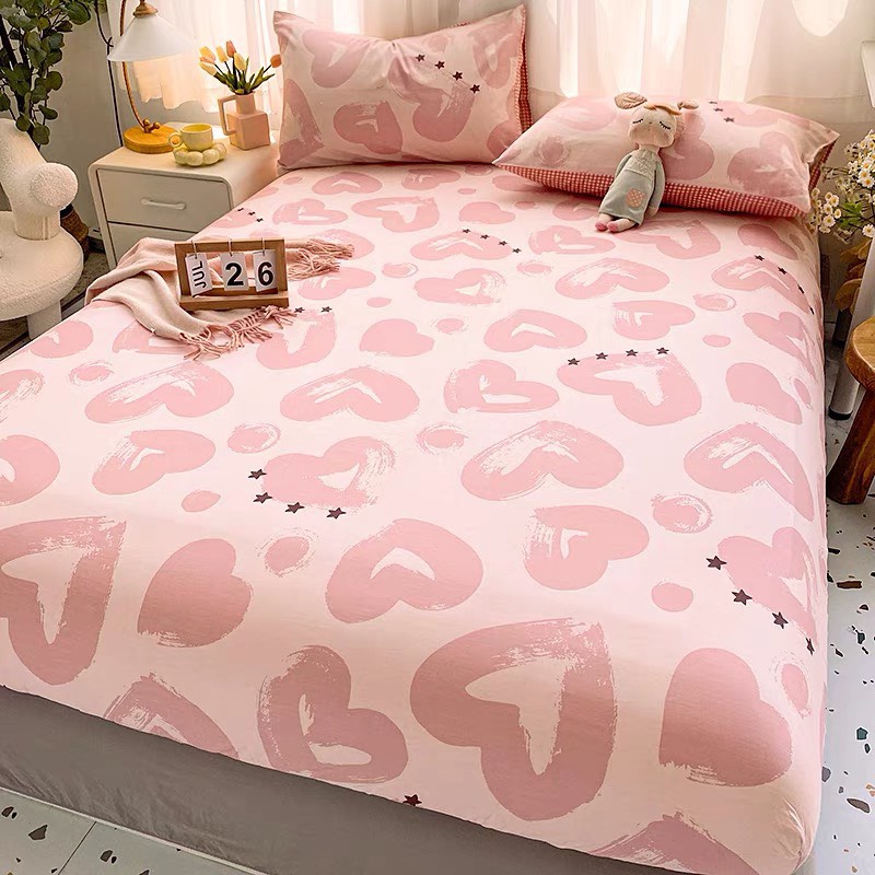 Sét Ga Gối 3 Món Hizun Cotton 100% Hoạ Tiết Tim Hồng