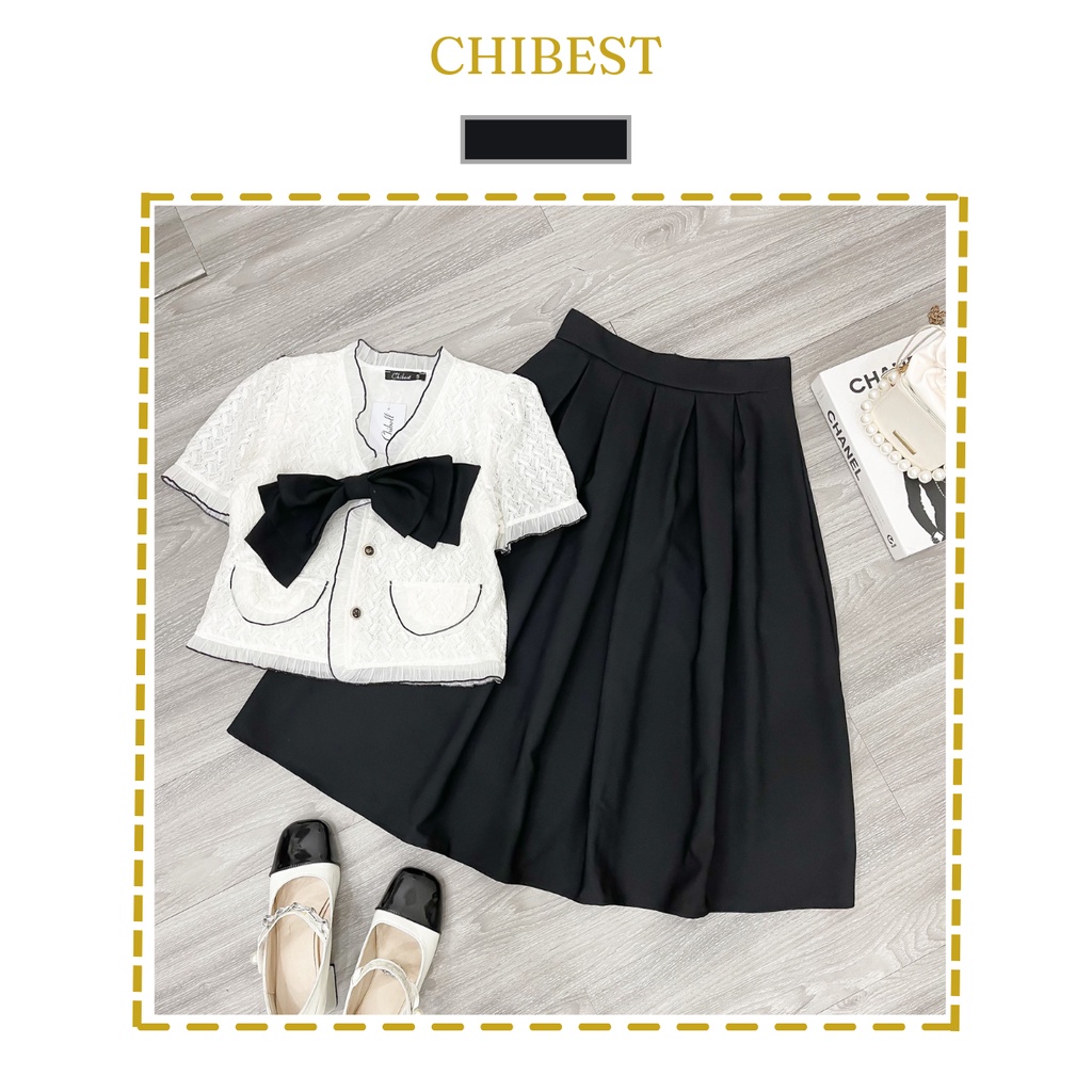 Set chân váy dài áo croptop cổ V viền ren phối nơ CHIBEST 𝐇𝐒𝐁𝟗𝟓