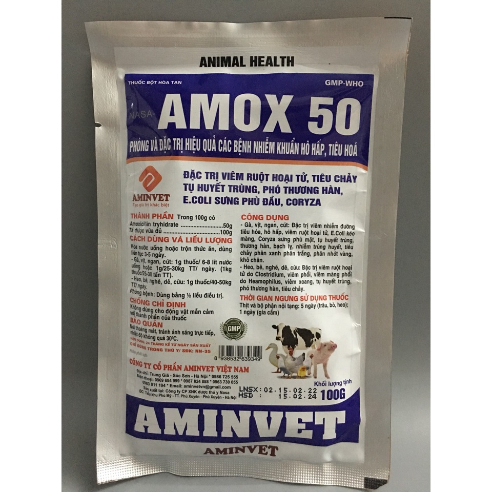 Amox 50% aminvet  viêm ruột, tiêu chảy, tụ huyết trùng gia súc, gia cầm