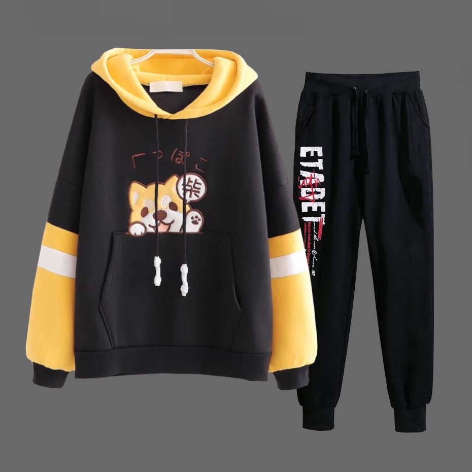 Set Bộ 2 Món Quần Dài + Áo Hoodie Nón Nam Chất Vải Nỉ CB2_WAH065NO_MQU081NIDEF6 (Cún Nón Có Tai + Etadet)
