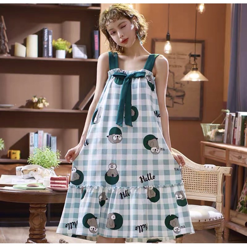 Váy ngủ 2 dây đầm mặc nhà cotton mềm mịn thoáng mát