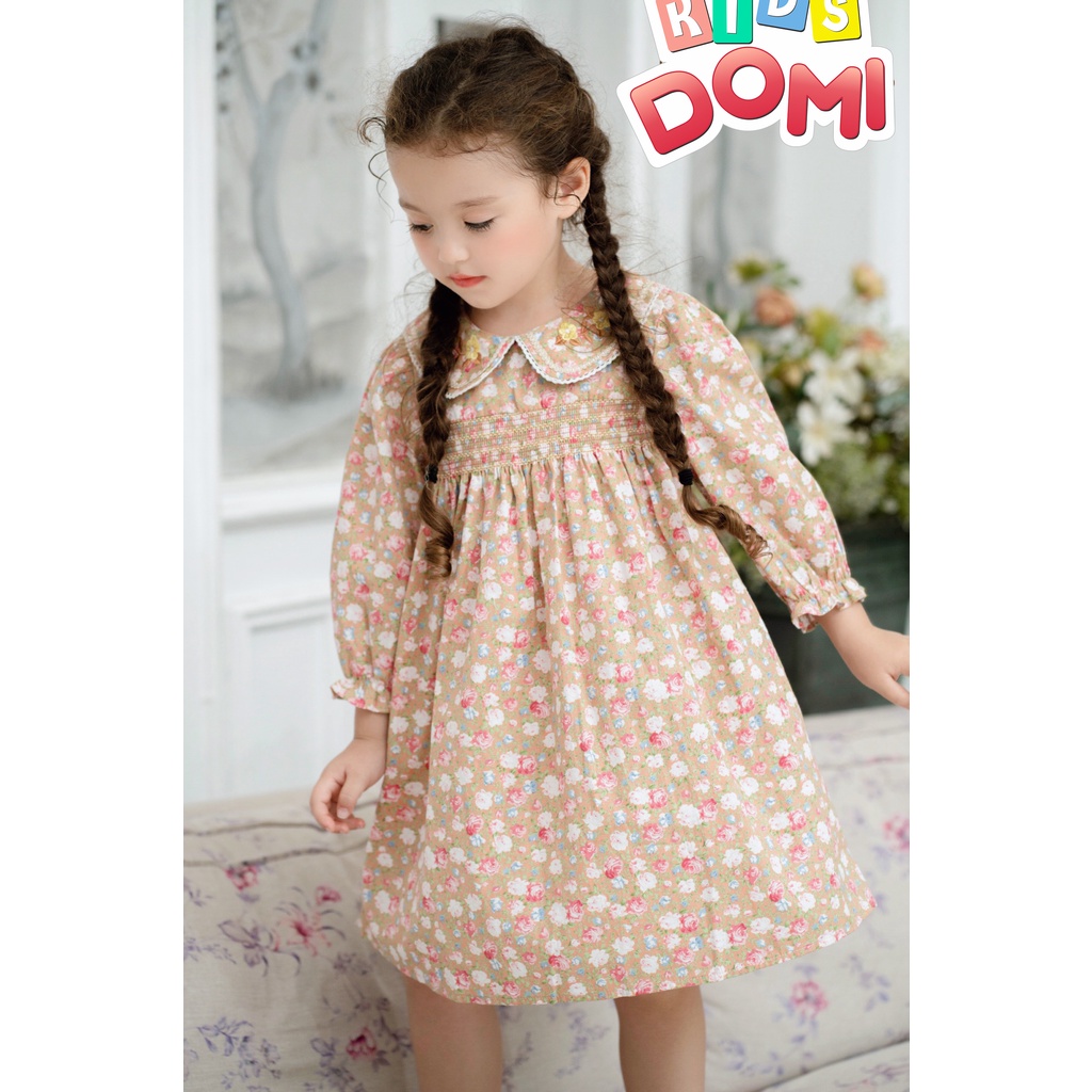 ĐẦM SMOCK DÀI TAY HOA NÂU TÂY XINH XỈU LUÔN Ạ!  SIZE 1-6Y