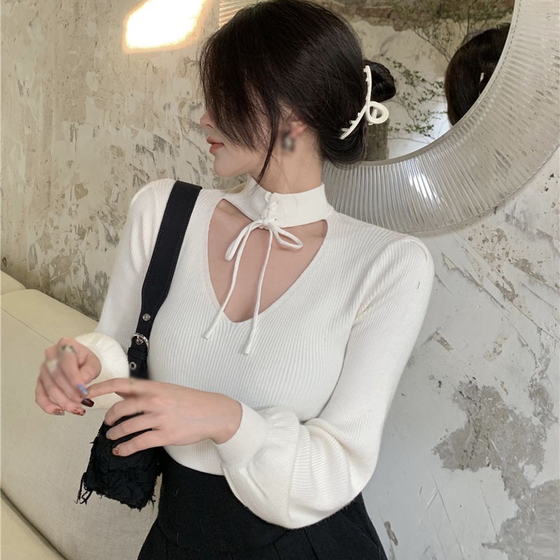 Áo Len Nữ Dệt Kim Thiết Kế Tay Dài Cổ Chữ V Hở Lưng Cho Nữ