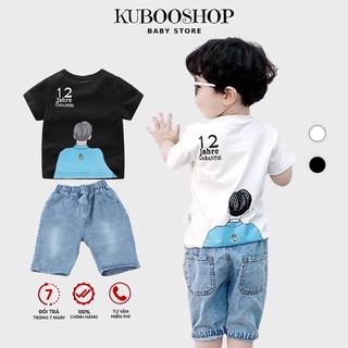 Set quần áo cộc tay Kuboo Shop in hình Người sau lưng ngộ nghĩnh.Áo thun cotton quần jean lửng cho bé BT08