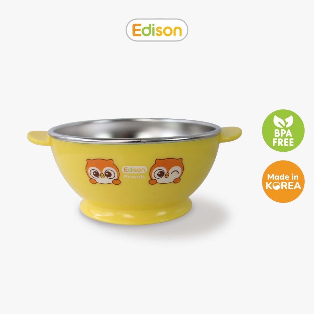 Bát Tập Ăn Cho Bé Họa Tiết Cú Mèo Edison, Chất Inox 2 lớp cách nhiệt, đế silicon chống trượt