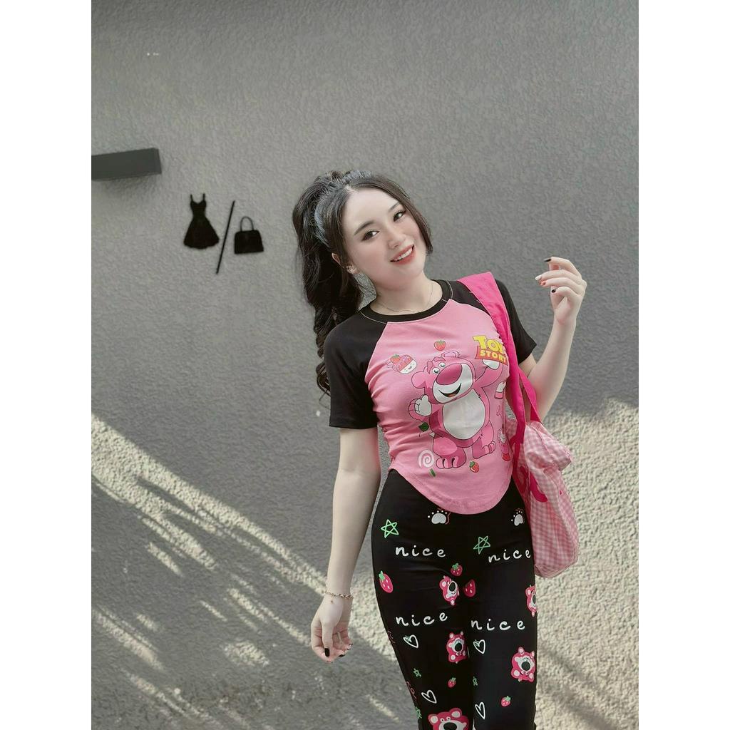 Đồ Bộ Thun ống Loe Aó Tay Ngắn Phối Màu,Bộ Thun Gân In Hình Siêu Cute,Sét Bộ Lai Bầu Dễ Thương mặc Tôn Dáng