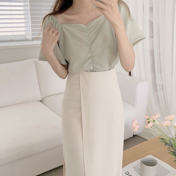 Áo sơ mi cổ chữ V tay ngắn/ chân váy dài xẻ tà 44625 phong cách Hàn Quốc dành cho nữ