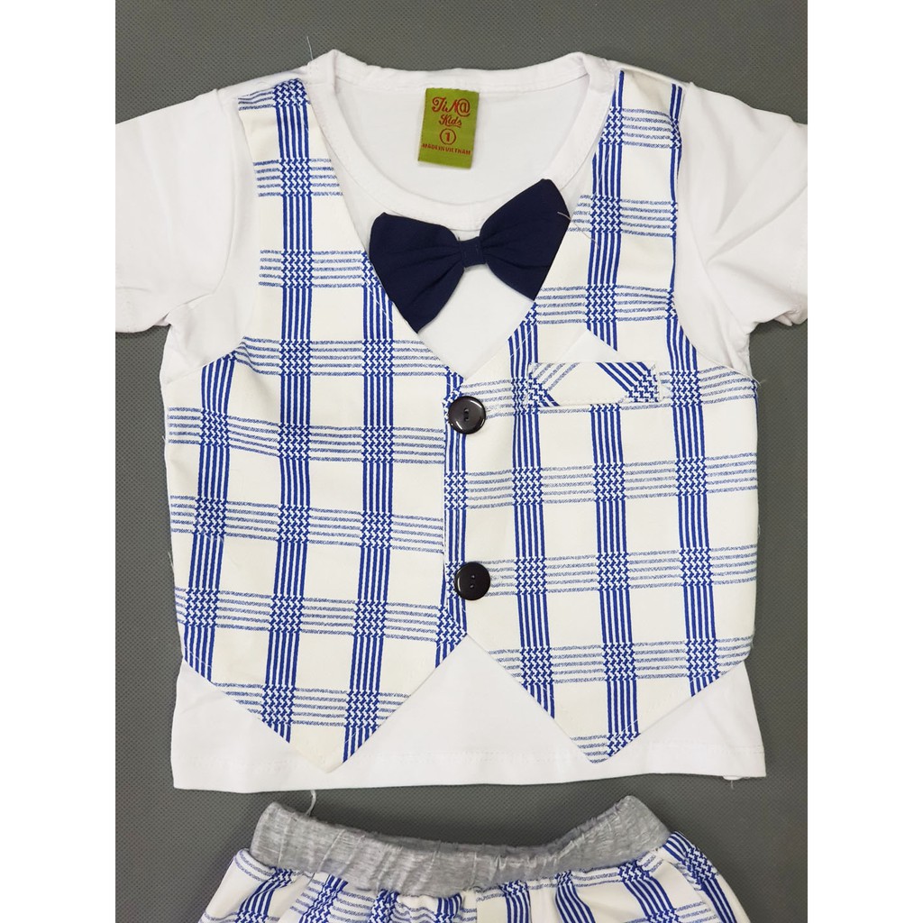 Bộ vest gile sọc caro xanh cho bé trai nhỏ diện lễ tết