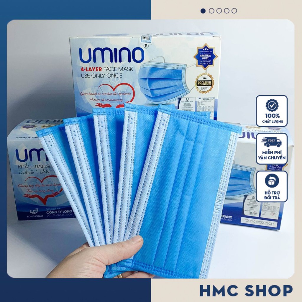 Khẩu trang y tế 4 lớp Umino màu xanh kháng khuẩn hộp 50 cái