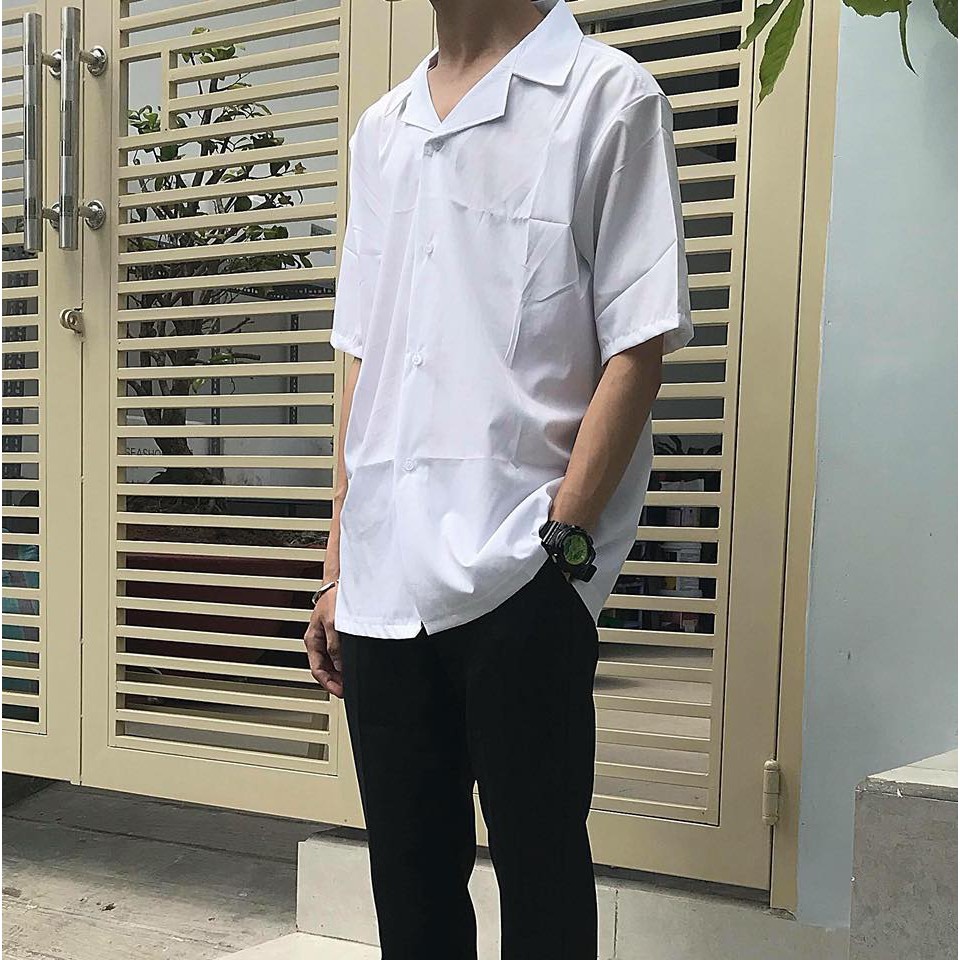 Sơ mi lụa nam nữ cổ ve trắng đen ngắn tay | BigBuy360 - bigbuy360.vn