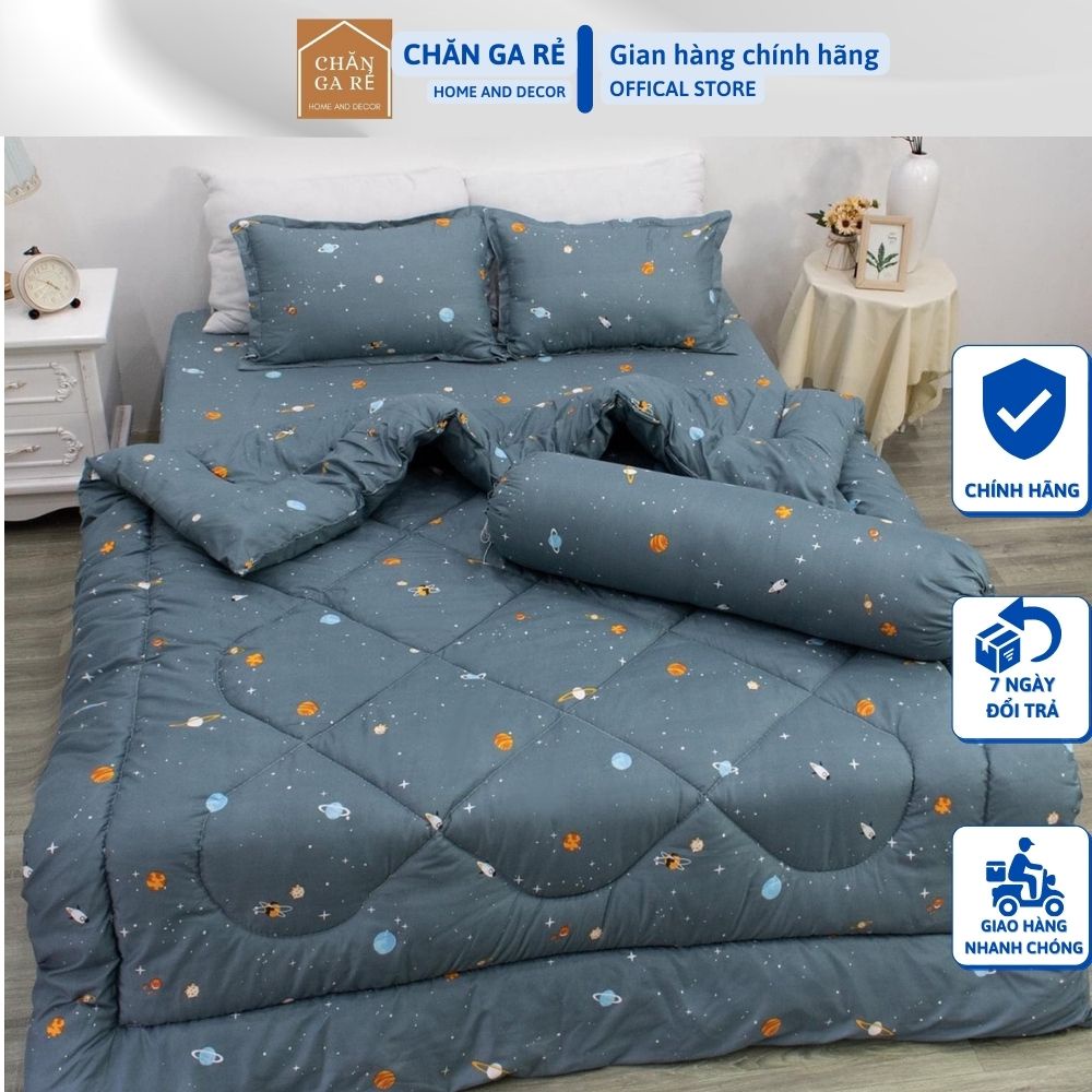 Bộ 5 món chăn ga gối Cotton poly phong cách Hàn Quốc  mẫu Vũ Trụ Xám m6 m8 2m2
