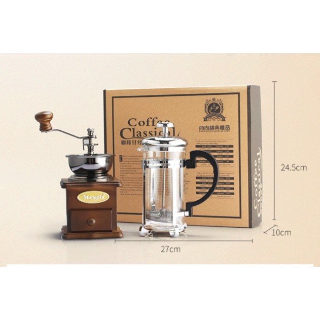 Bộ quà tặng cafe gồm máy xay cafe Mongdio + bộ pha cafe kiểu Pháp