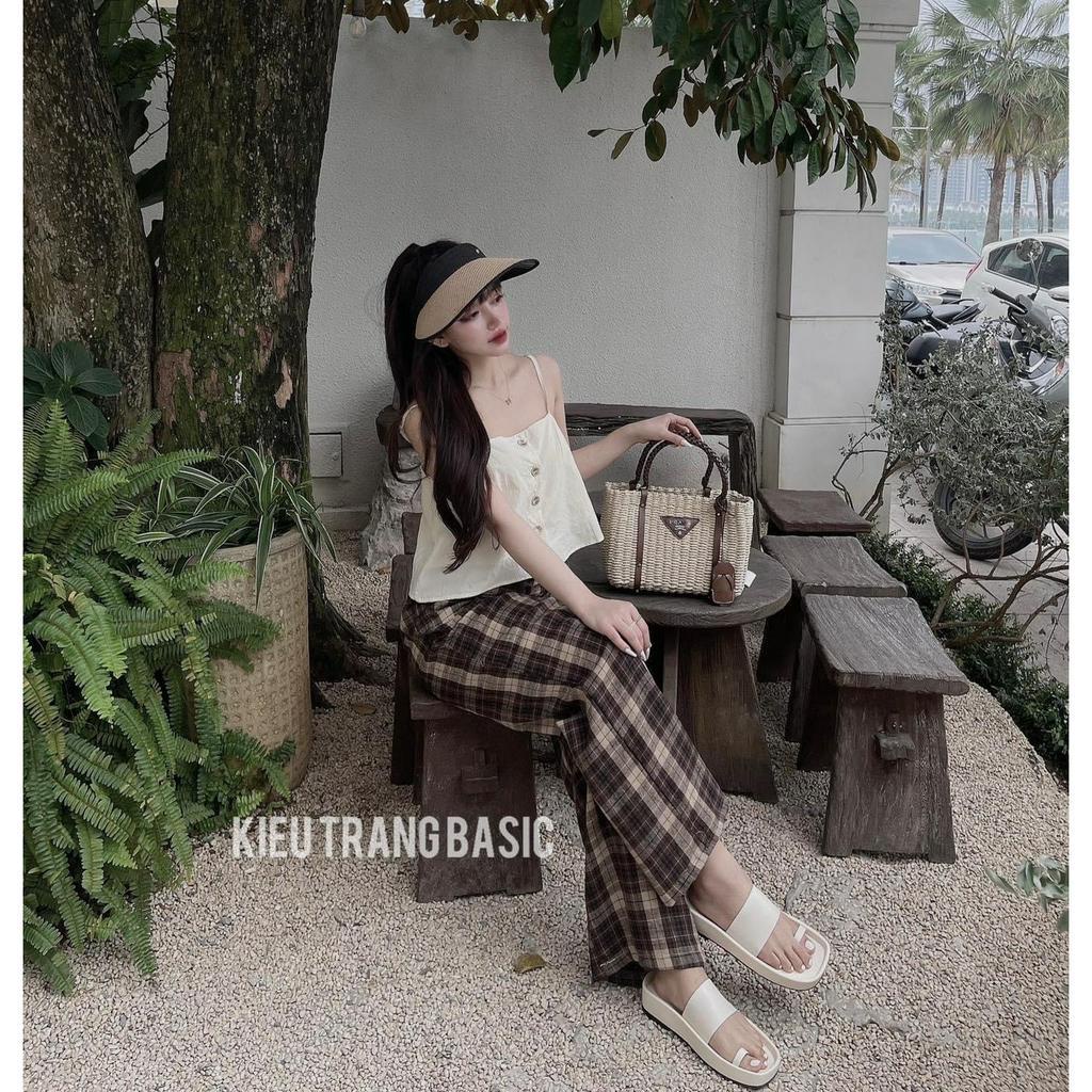 Set bộ đồ nữ 2 dây mix quần ống rộng sọc caro đơn giản, cá tính dành cho các nàng diện đi chơi xinh xắn