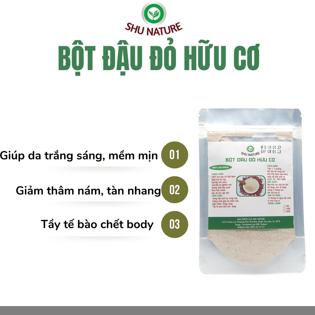 Bột đậu đỏ đắp mặt, trắng da, mờ thâm nám SHU NATURE, 100% đậu đỏ hữu cơ tại việt nam, không chất bảo quản