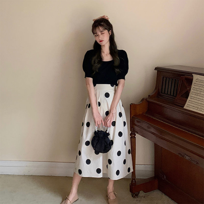 Váy cạp cao Váy dài chấm bi đen Đơn giản Đa năng Thời trang đơn giản Quần áo nữ