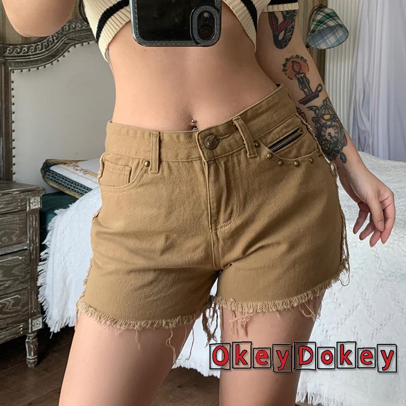 Quần Short Jogger Nữ y2k Kaki Lưng Thấp Tua Rua Vintage