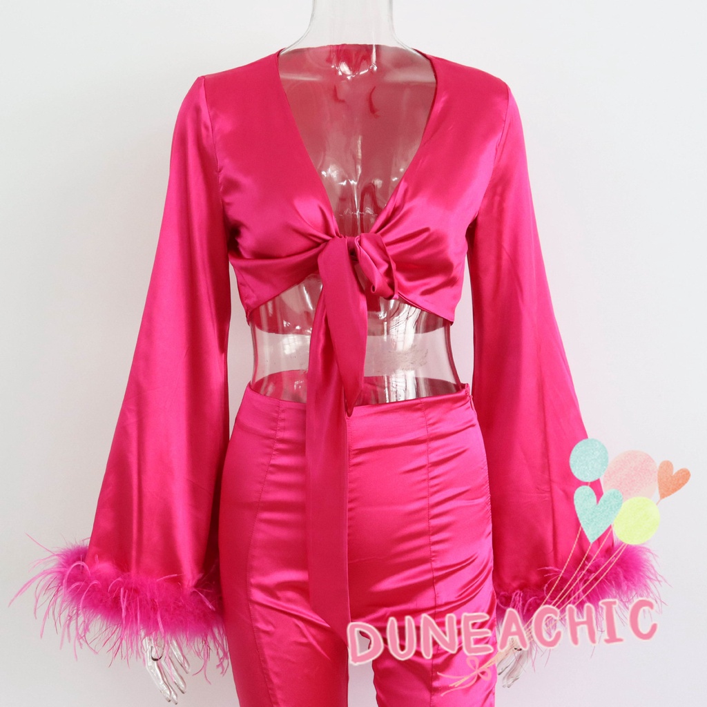 DUNEA Áo cổ chữ V phối lông vũ/ Chân váy/ Quần dài xẻ tà thời trang quyến rũ dành cho nữ